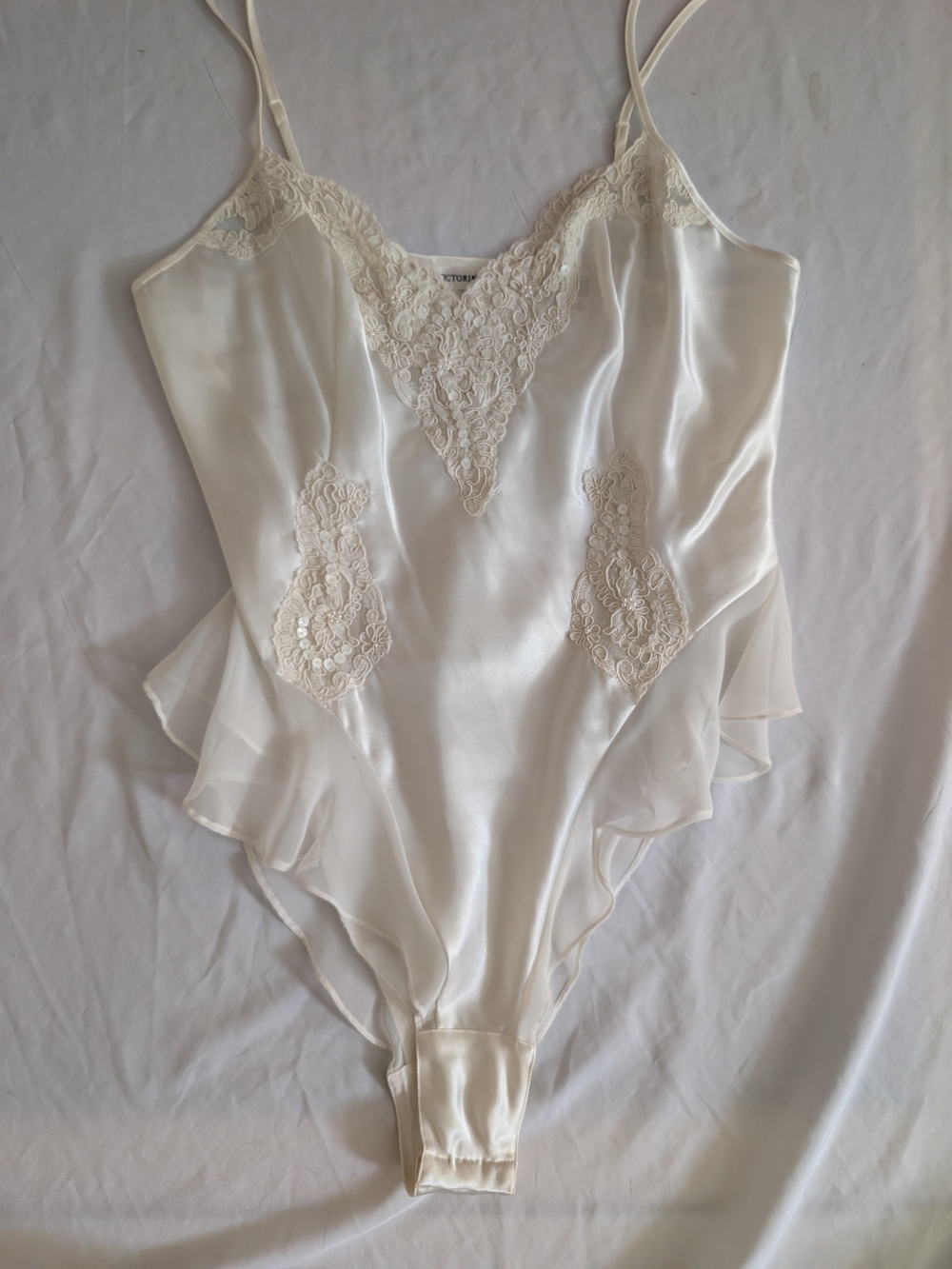 Victoria's Secret Ivory Satin Lace Trim Bodysuit
